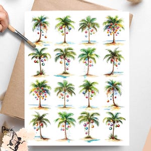 May include: Vellum decoupage paper featuring watercolor illustrations of palm trees decorated with colorful ornaments. The trees are on a sandy beach, evoking a tropical Christmas theme. The paper has the text "Vellum Decoupage Paper".