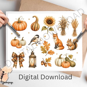 Könnte beinhalten: Ein digitales Download-Blatt mit herbstlichen Illustrationen, darunter orangefarbene Kürbisse, ein Zierkürbis, eine Sonnenblume, Weizenähren, ein Vogel, ein Fuchs, ein Eichhörnchen, Eichenblätter, Eicheln, eine karierte Schleife und eine Laterne, angeordnet auf weißem Hintergrund.