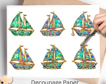 Jeweled Sailboat 1, One Sheet Rice Paper US Letter Size