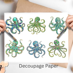 May include: Decoupage paper featuring six colorful octopus designs in shades of blue, green, and turquoise. Each octopus is adorned with intricate details and embellishments. The words "Decoupage Paper" are printed on the paper.