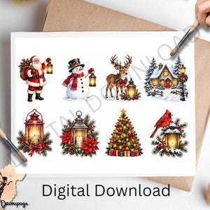 May include: A digital download sheet featuring eight Christmas-themed illustrations including Santa Claus, a snowman, a reindeer, a snowy cottage, a decorated Christmas tree, and various lanterns adorned with pine branches, poinsettias, and a red cardinal.
