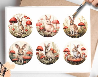 Lapin aux champignons argariques mouches Collage rond 1, papier de découpage format lettre US, expédié à vous