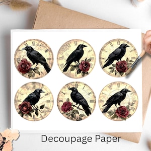 Vintage Raven with Rose Timepiece Circle 1, One Sheet Rice Paper US Letter Size