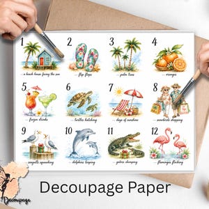May include: A sheet of decoupage paper featuring twelve numbered watercolor illustrations of tropical themes including a beach house, flip flops, palm trees, oranges, frozen drinks, turtles, a beach chair, shoppers, seagulls, dolphins, an alligator, and flamingos.