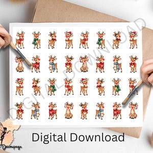 May include: A digital download sheet featuring a repeating grid of watercolour-style reindeer illustrations. Each small reindeer is depicted with a red nose and various winter accessories like scarves, hats, and earmuffs in red, green, and blue.