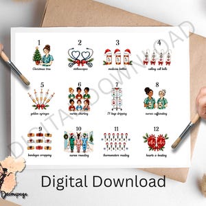 Op de afbeelding: Een digitaal downloadblad met twaalf genummerde illustraties met een medisch en kerstthema. De iconen bevatten een verpleegkundige met een boom, stethoscopen, medicijnflesjes, oproepbellen, spuiten, verpleegkundigen, infuuszakken, koffie, verbanden, thermometers en harten.
