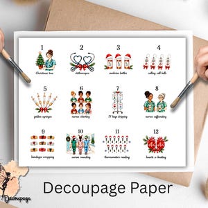 May include: A white sheet of decoupage paper featuring twelve numbered illustrations with a Christmas medical theme. The graphics include nurses, stethoscopes, medicine bottles, call bells, syringes, IV bags, bandages, thermometers, and hearts, all decorated with festive holiday elements.