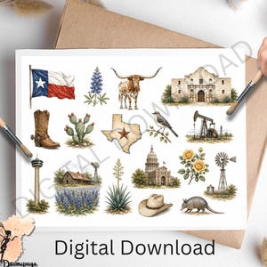 Pode incluir: Uma folha de download digital com várias ilustrações com o tema do Texas, incluindo a bandeira do estado, um longhorn, o Alamo, uma bota de cowboy, um cacto, um mapa, um tordo, uma torre de petróleo, uma torre, um celeiro, tremoços, uma iúca, um capitólio, um chapéu, rosas amarelas, um moinho de vento e um tatu.
