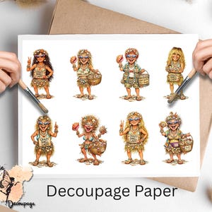 May include: Decoupage paper featuring eight cartoon illustrations of a woman in a shell-themed outfit. Each figure wears sunglasses and a sign that says "Crazy Shell Lady". The paper has a white background with the words "Decoupage Paper" at the bottom.