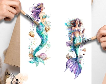 Purple Aqua Mermaid XL 1, One Sheet Rice Paper US Letter Size