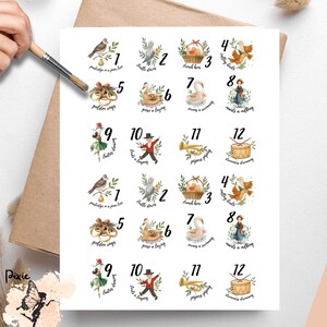 May include: Vellum decoupage paper featuring twelve numbered illustrations with holiday themes. The designs include birds, doves, baskets, swans, and drummers. The paper has the word "Pixie" and "Decoupage" printed on it.