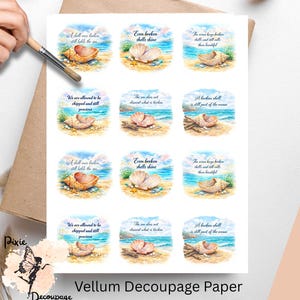 May include: Vellum decoupage paper featuring seashell designs with inspirational quotes. The paper has a watercolor effect with images of seashells on a sandy beach with blue water. The text includes phrases like "Even broken shells shine."