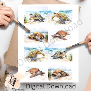 May include: A sheet of paper featuring eight watercolor illustrations of sea turtles on a beach. The turtles are depicted in various poses, with the ocean and sand in the background. The words "Digital Download" are at the bottom.