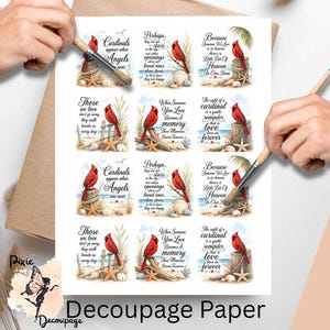 May include: A sheet of decoupage paper featuring twelve square designs arranged in a grid. Each design displays a red cardinal bird, coastal elements like seashells and driftwood, and inspirational text about angels and memories in black script.