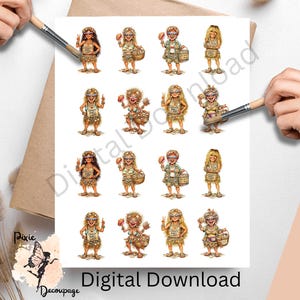 May include: A sheet of paper with digital download images of cartoon women. The women are wearing various outfits and holding items like baskets and food. The text "Digital Download" is at the bottom of the page. The image is being painted with a paintbrush.
