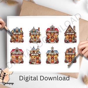 Op de afbeelding: Een digitale downloadpagina met acht gedetailleerde illustraties van kleine winkels versierd voor de feestdagen, waaronder een bakkerij, boekhandel, bloemenwinkel, koffiebar, snoepwinkel, speelgoedwinkel, cadeauwinkel en kaarsenwinkel.