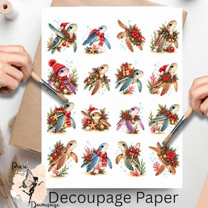 May include: A sheet of decoupage paper featuring sixteen individual illustrations of sea turtles decorated for the holidays. The turtles are adorned with Santa hats, red scarves, poinsettias, Christmas lights, and gifts, set against a white background.