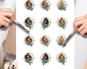 Jeweled Compass Mermaids 2, One Sheet Rice Paper US Letter Size