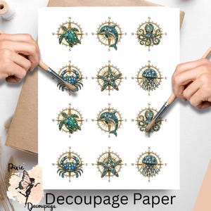 May include: A sheet of decoupage paper featuring a grid of twelve nautical-themed illustrations. Each design displays a sea creature, including a turtle, dolphin, octopus, crab, starfish, and jellyfish, layered over a gold compass rose.