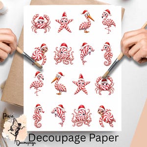 May include: A sheet of decoupage paper featuring a grid of sixteen illustrations of sea creatures, including crabs, starfish, pelicans, flamingos, turtles, octopuses, dolphins, and seahorses, all patterned with red and white peppermint stripes.