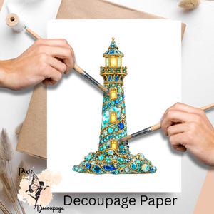 May include: Decoupage paper featuring a detailed illustration of a lighthouse adorned with blue and turquoise gems. The lighthouse has a golden top and windows that glow with a warm light. The text "Decoupage Paper" is at the bottom.
