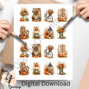 May include: A digital download sheet featuring twelve repeating autumn-themed illustrations including pumpkins, bicycles with flower baskets, wooden signs labeled FALL, lanterns, rain boots with sunflowers, and chairs with plaid blankets.