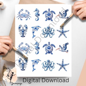 Digital Download, Delftware Beach and Ocean Creatures 2  , Digital Download You print JPG