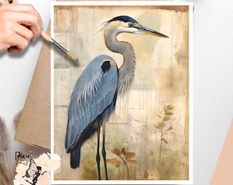 Blue Heron Altered Art 1 , One Sheet Rice Paper US Letter Size