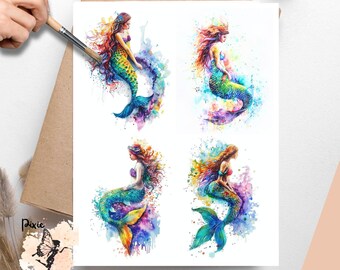 Rainbow Mermaid  2 , One Sheet Decoupage Paper US Letter Size