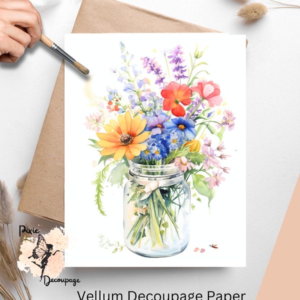 Wildflowers in Glass Jar 2, Decoupage Paper US Letter Size, Shipped To You