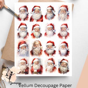 May include: A sheet of vellum decoupage paper with 16 images of Santa Claus. The images are watercolor illustrations of Santa Claus with a red hat and white beard. The paper is designed for crafting and decoupage projects.