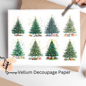 May include: Nine watercolor illustrations of Christmas trees with gold stars on top, decorated with ornaments and surrounded by presents. The trees are on a white background with a few scattered gold stars.