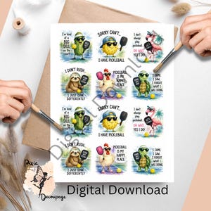May include: A sheet of stickers featuring cartoon characters playing pickleball, including a pickle, a yellow ball, a flamingo, a sloth, a chicken, and a turtle. Each character holds a paddle and wears sunglasses, accompanied by humorous text.