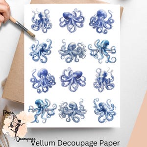 May include: Twelve blue watercolor octopus illustrations on white vellum decoupage paper. The octopus illustrations are arranged in a grid pattern.