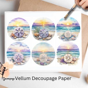May include: Six round, watercolor illustrations of seashells on a beach at sunset. Each illustration features a sand dollar, seashells, and a beach scene with a sunset in the background. The illustrations are printed on vellum decoupage paper.