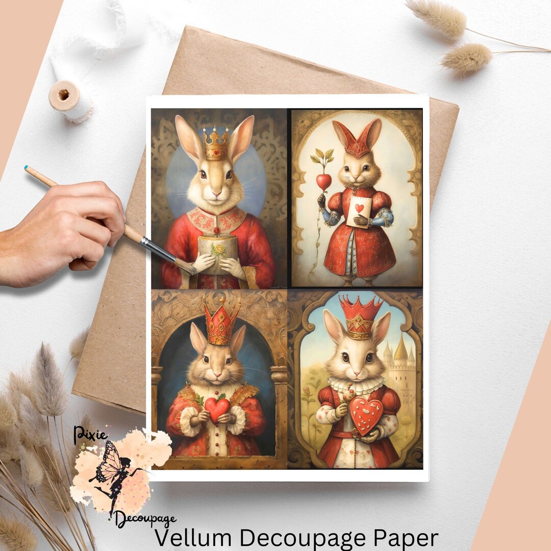 Whimsical Valentine Rabbits Collage 1, Vellum Decoupage Paper US Letter ...