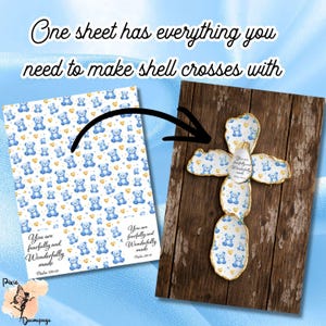 May include: A sheet of paper with a pattern of blue teddy bears and gold hearts, with the text "You are fearfully and wonderfully made." A shell cross is shown on a wooden background.