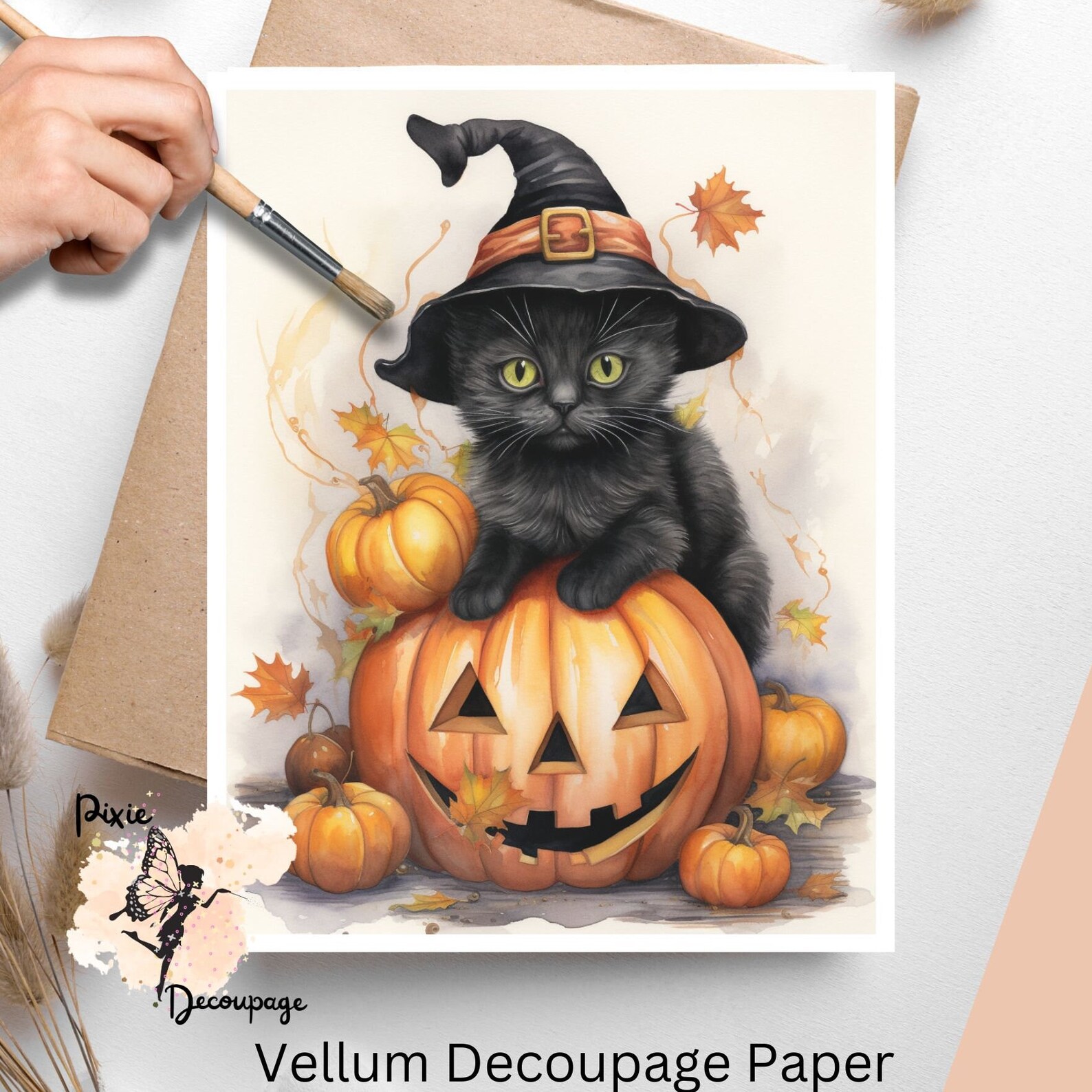 Whimsical Halloween Black Cat 2, Decoupage Paper US Letter Size