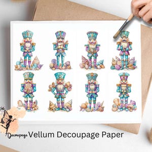 May include: Nine watercolor illustrations of nutcracker soldiers with seashells and a turquoise and purple color scheme. The nutcrackers are holding various objects, including a drum, a trumpet, and a sword. The illustrations are perfect for crafting and scrapbooking.