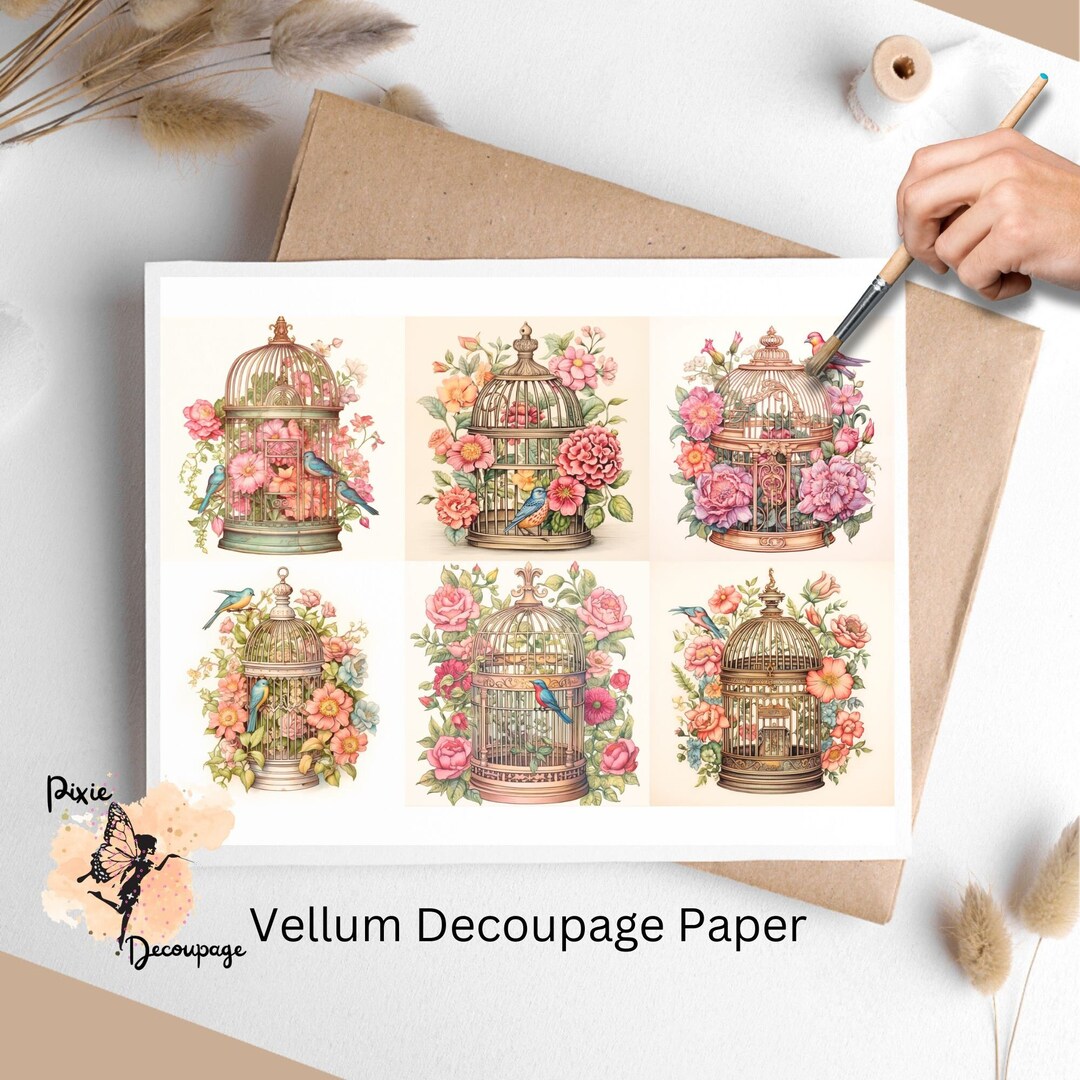 Vintage Birdcage Collage 2, Vellum Decoupage Paper US Letter Size ...
