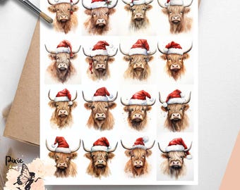 Highland Cow Portrait with Santa Hat  2 , One Sheet Rice Paper US Letter Size
