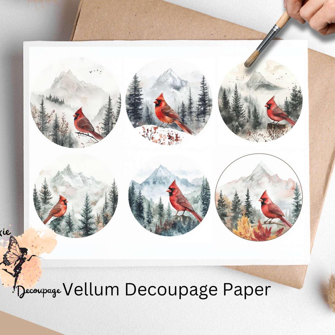 Cardinal in Mountain Scene Collage 1, Vellum Decoupage Paper US Letter ...