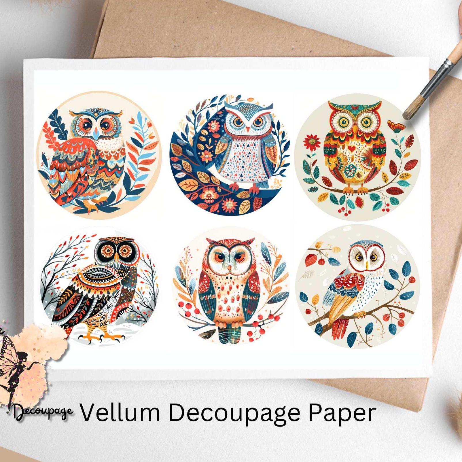 Scandinavian Owl Circle  2 , One Sheet Decoupage Paper US Letter Size
