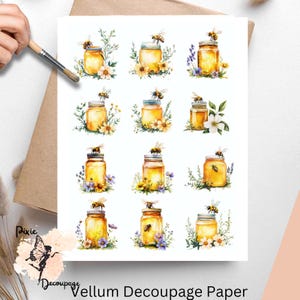 May include: A sheet of vellum decoupage paper featuring twelve distinct watercolor illustrations of glass jars filled with golden honey, each topped with a small bee and surrounded by various colorful wildflowers and green foliage.