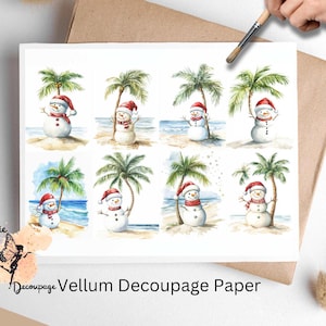 May include: Nine watercolor illustrations of snowmen on a beach with palm trees. Each snowman is wearing a red Santa hat and has a red scarf. The snowmen are standing on a sandy beach with blue water and white waves in the background.