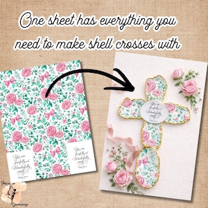 May include: A sheet of paper with a floral pattern of pink roses and bows, designed for making shell crosses. The image shows a completed cross with a gold border, pink roses, and the text "You are fearfully and wonderfully made."