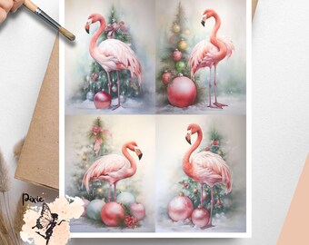 Shabby Chic Christmas Flamingo  2 , One Sheet Rice Paper US Letter Size