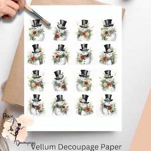 May include: A sheet of vellum decoupage paper with 16 images of snowmen wearing black top hats and decorated with greenery and red berries.