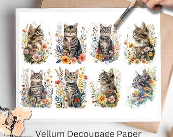 Gato atigrado gris con flores 1, una hoja de papel de arroz tamaño carta de EE. UU.