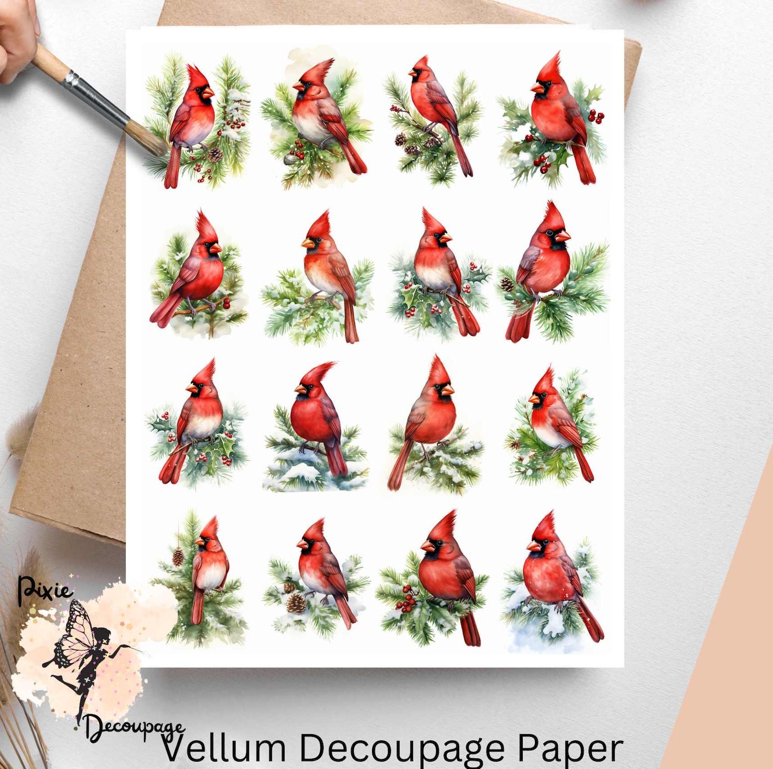 Cardinal in Winter Collage 1, Decoupage Paper US Letter Size, Shipped